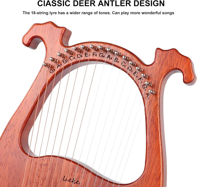 LIEKE Lyre Harp 16 Metal Strings,Mahogany Body and Copper Saddle,Mini Harp instrument Gift with Bag Tuning Wrench for Beginner Musician - Image 4